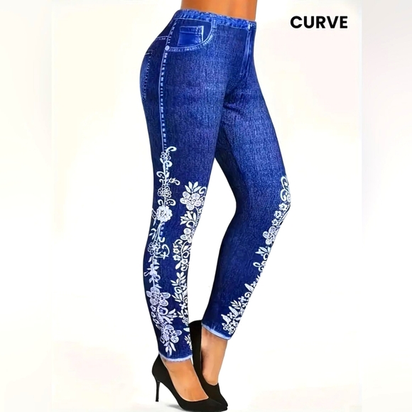 Plus Size Women's Chic Floral Print Ultra Stretchy Denim Jegging/ Leggings 1XL - Picture 1 of 8